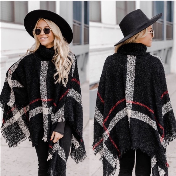 LAST 1! Black Plaid Stripe Turtleneck Poncho - Picture 2 of 3